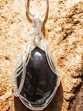 Handmade Red Iron Tiger Eye Silver Wire Wrapped Pendant Necklace